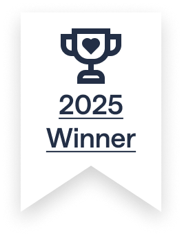 Engagement ribbon badge close-up with trophy icon, year, and Winner label