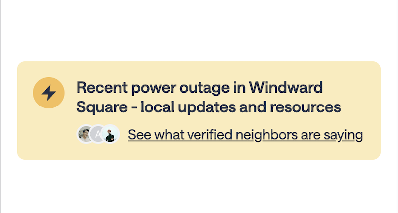 Mobile screenshot of the Weather Alert Banner on a Nextdoor city page showing a severe weather warning